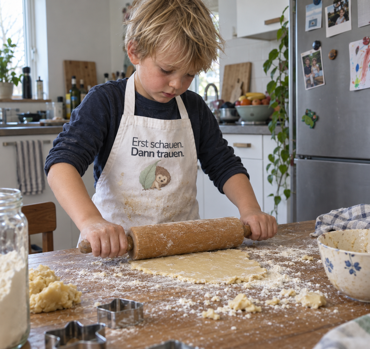 Kinder Küchenschürze Igel "Erst schauen, dann trauen"