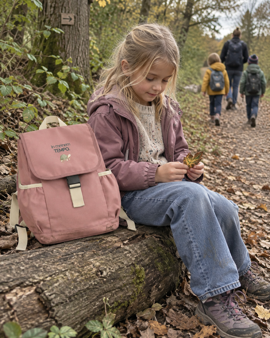 Mädchen sitzt auf einem Baumstamm und neben Ihr steht ein rosa Rucksack mit der Botschaft "In meinem Tempo".