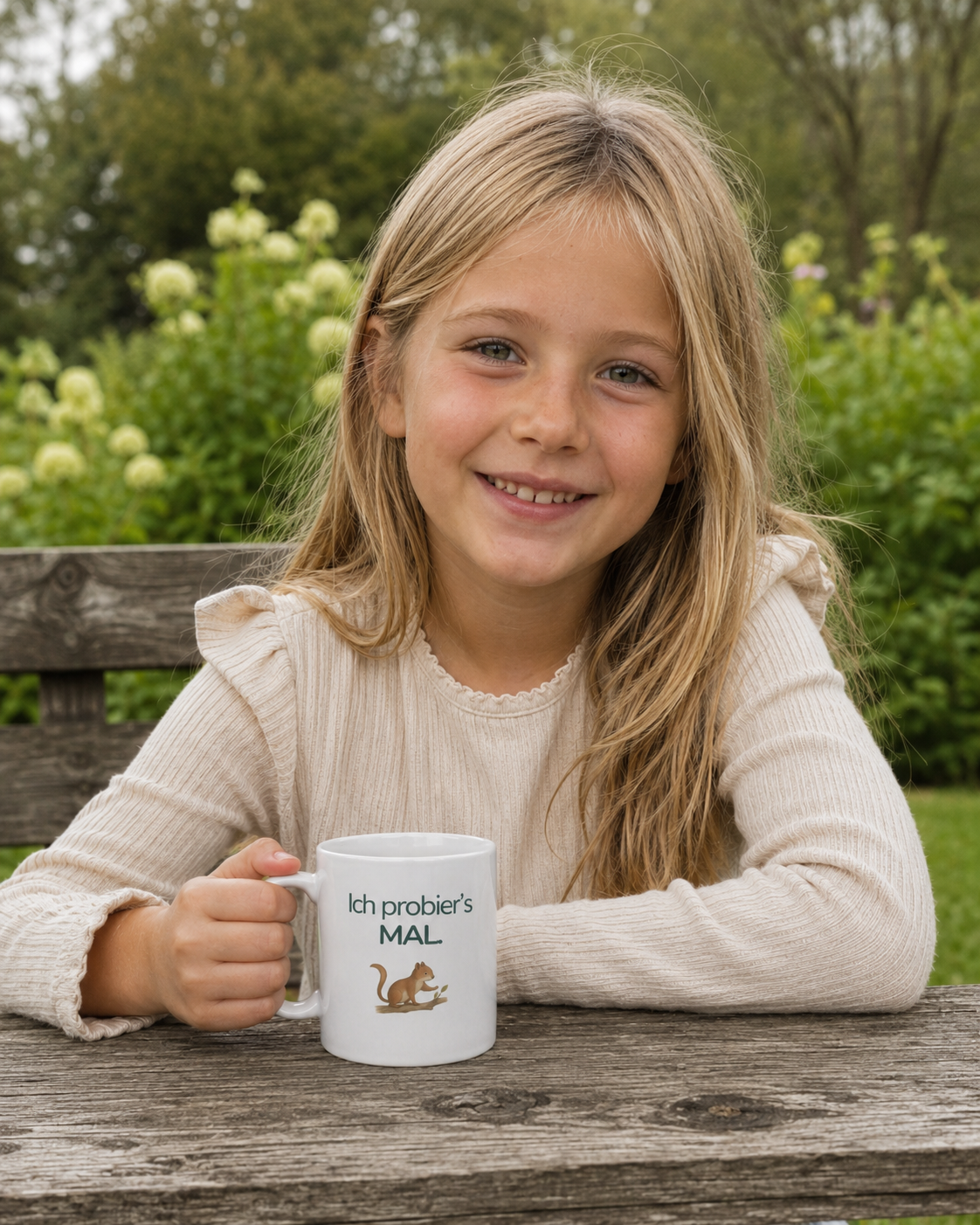 Kind mit EigenGroß Kindertasse mit Eichhörnchen und Spruch Ich probier’s mal