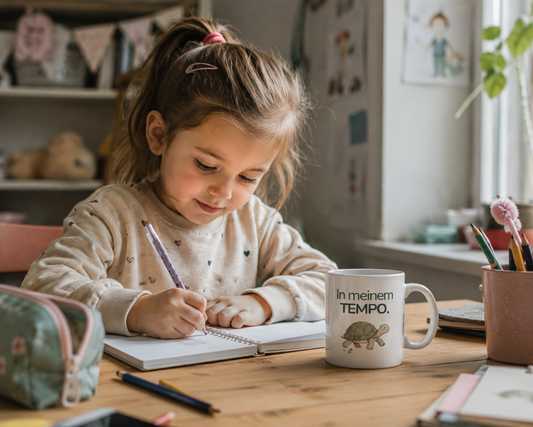 Kind mit EigenGroß Kindertasse mit Schildkröte und Spruch In meinem Tempo