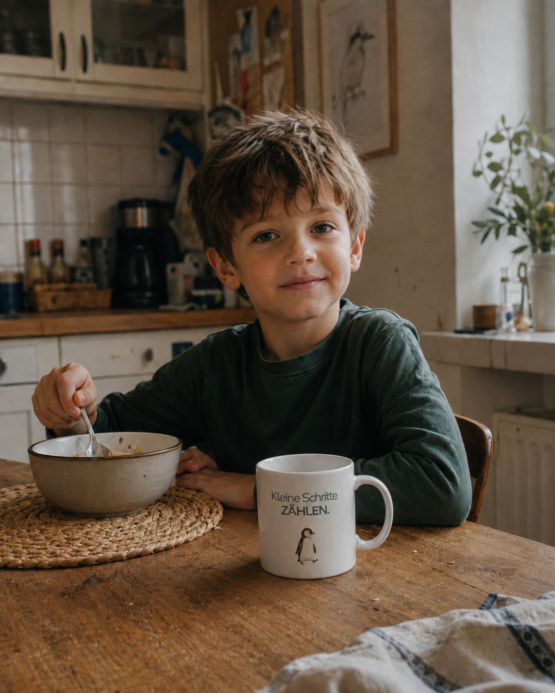 Kind mit EigenGroß Kindertasse mit Pinguin und Spruch Kleine Schritte zählen