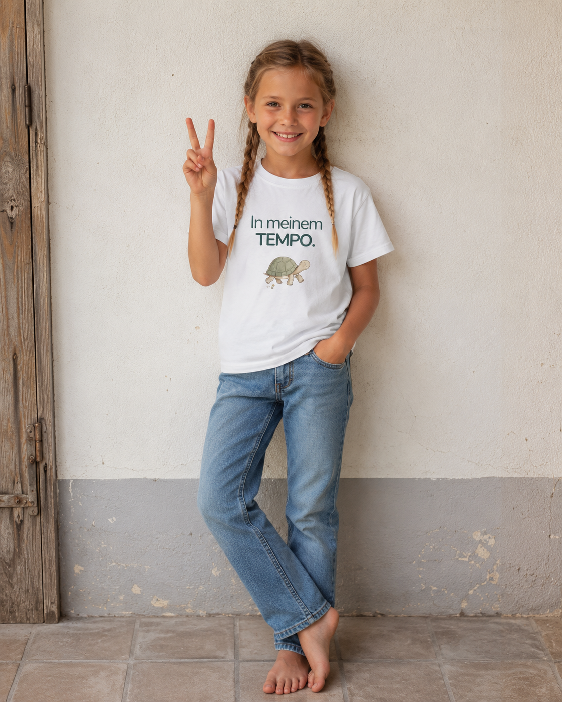 Eine  Mädchen steht an einer Wand und zeigt das Victory Zeichen. Sie trägt eine Jeans mit einem weißen Kinder T-Shirt mit einer Schildkröte und der Aufschrift In meinen Tempo