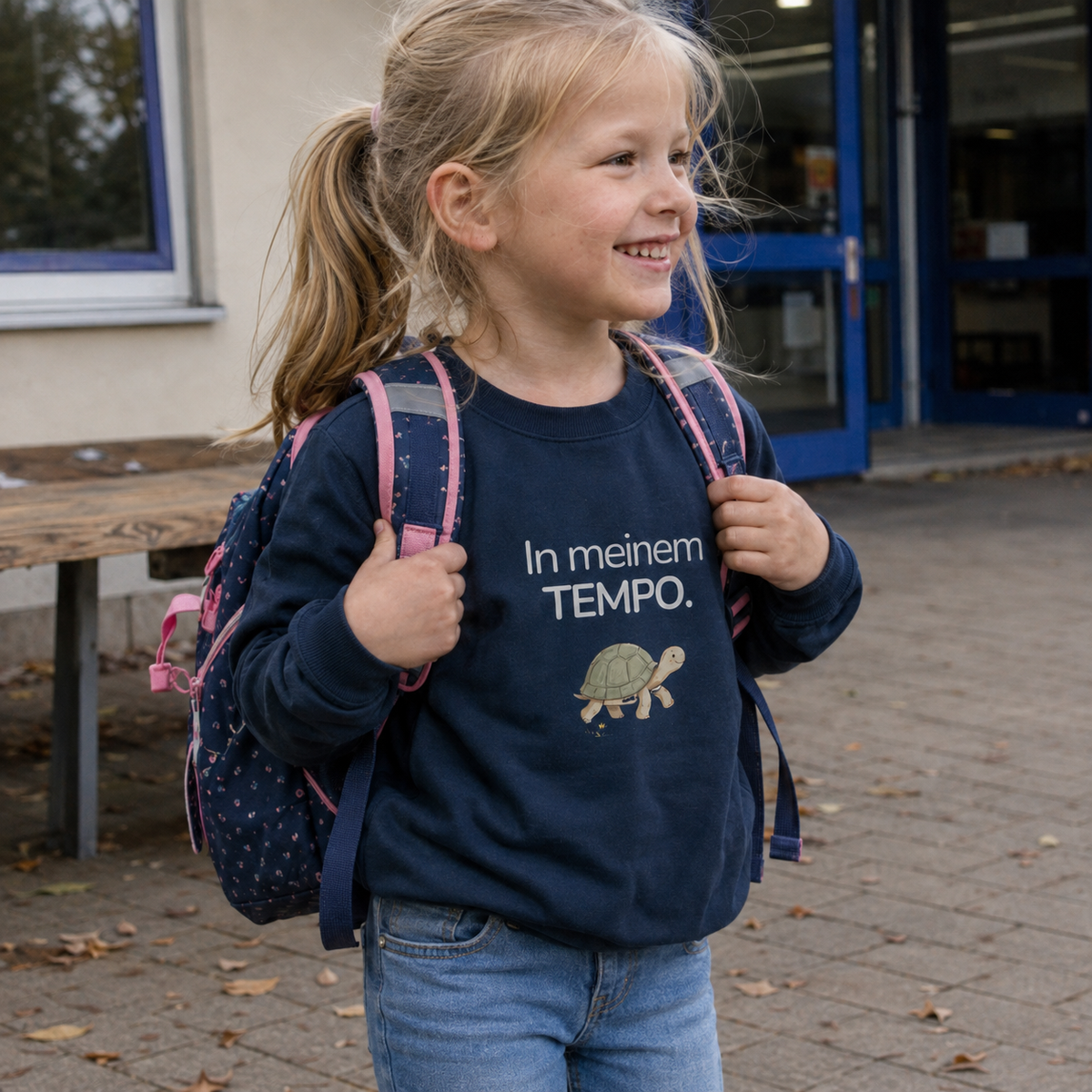 Schulkind Mädchen trägt dunkelblaues Kinder Sweatshirt mit Schildkröte und Spruch In meinem Tempo und einen Schulranzen