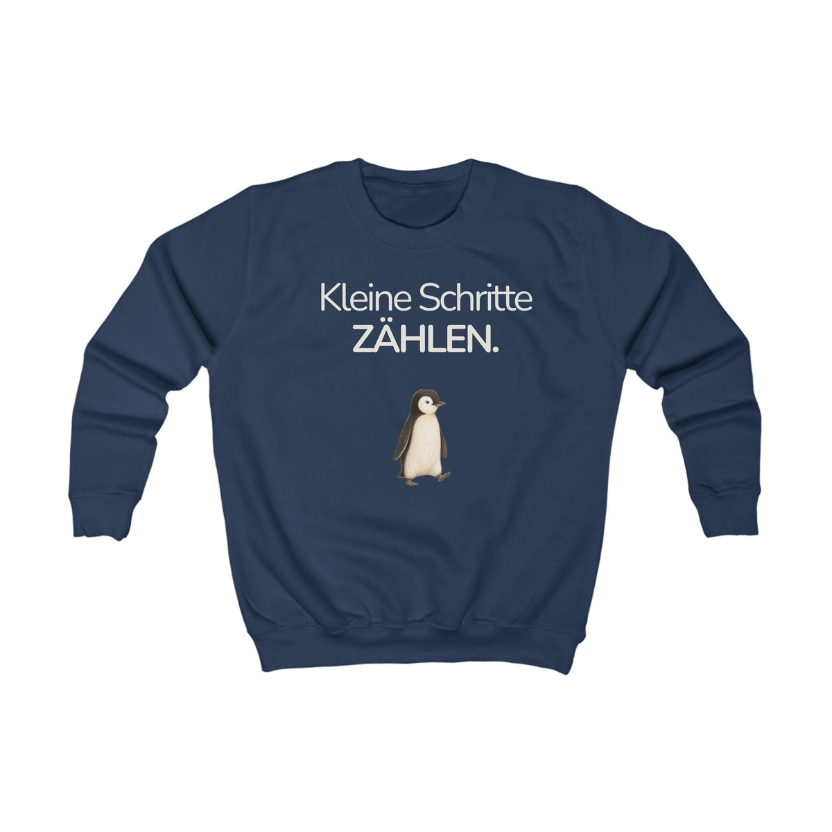 Dunkelblaues Kinder Sweatshirt mit Pinguin und Spruch Kleine Schritte zählen