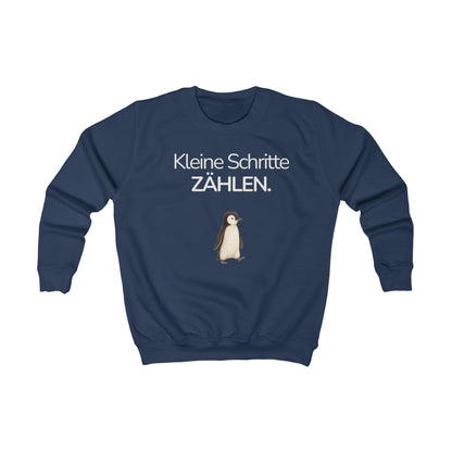 Dunkelblaues Kinder Sweatshirt mit Pinguin und Spruch Kleine Schritte zählen