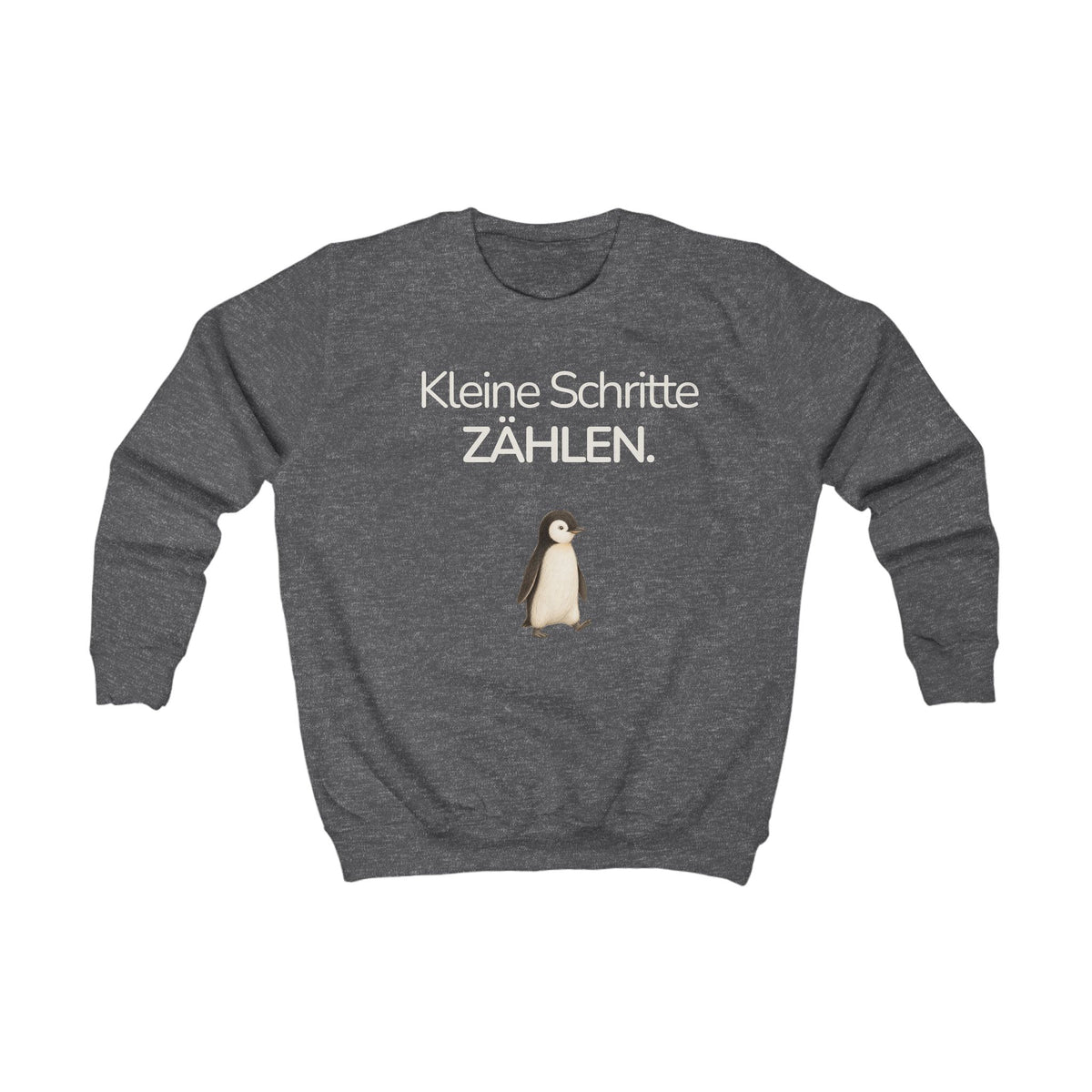 Dunkelgraues Kinder Sweatshirt mit Pinguin und Spruch Kleine Schritte zählen