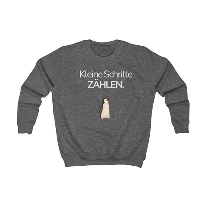 Dunkelgraues Kinder Sweatshirt mit Pinguin und Spruch Kleine Schritte zählen