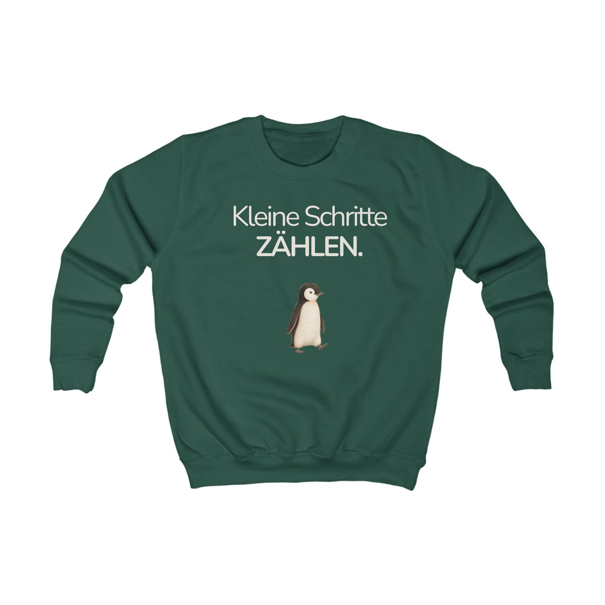 Dunkelgrünes Kinder Sweatshirt mit Pinguin und Spruch Kleine Schritte zählen