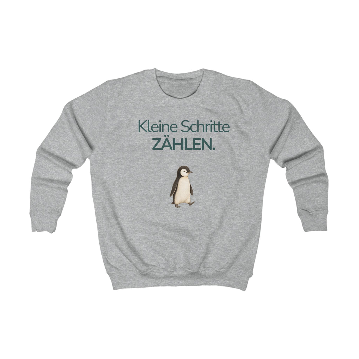 Grau meliertes Kinder Sweatshirt mit Pinguin und Spruch Kleine Schritte zählen