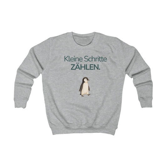 Grau meliertes Kinder Sweatshirt mit Pinguin und Spruch Kleine Schritte zählen