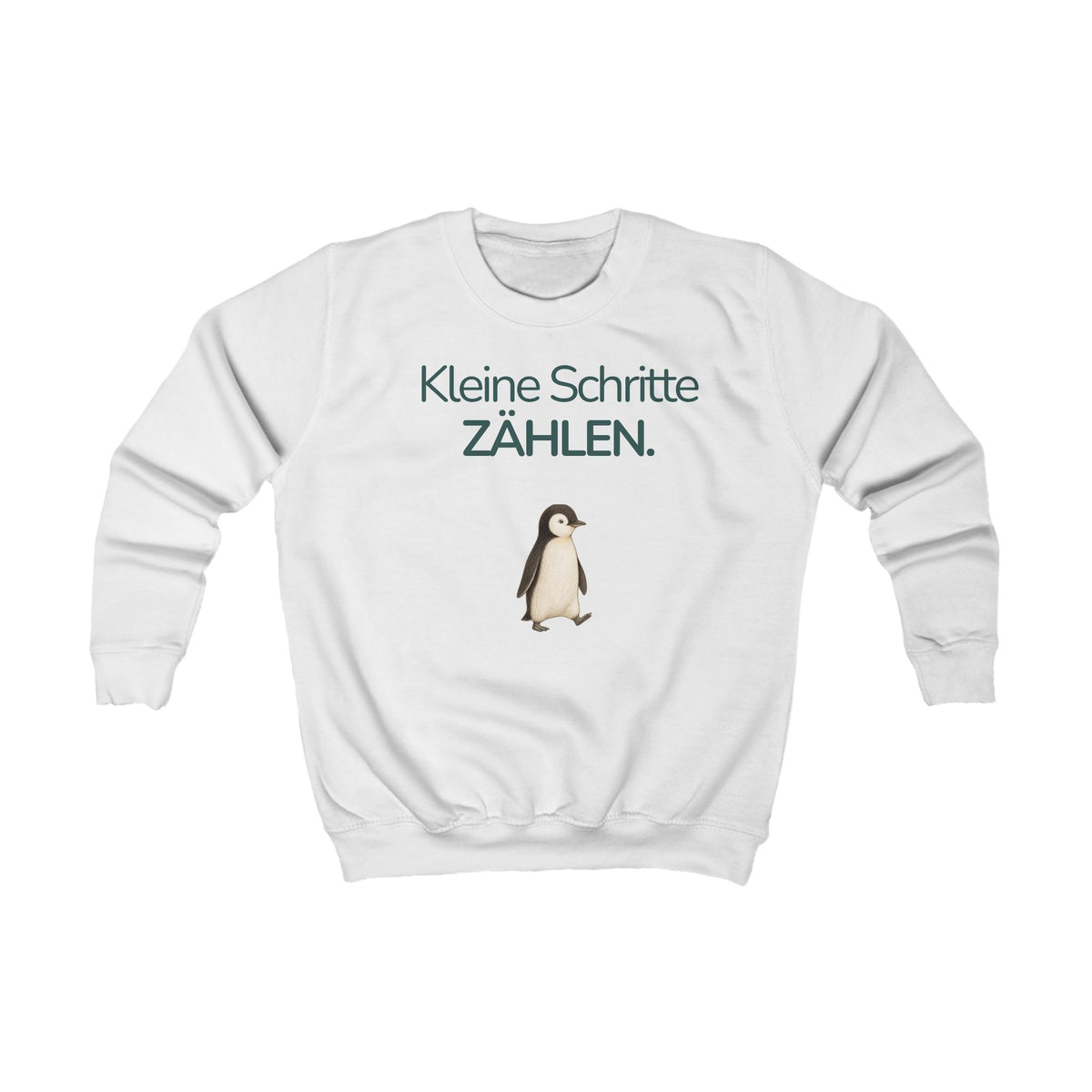 Weißes Kinder Sweatshirt mit Pinguin und Spruch Kleine Schritte zählen