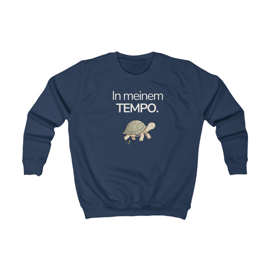 Dunkelblaues Kinder Sweatshirt mit Schildkröte und Spruch In meinem Tempo