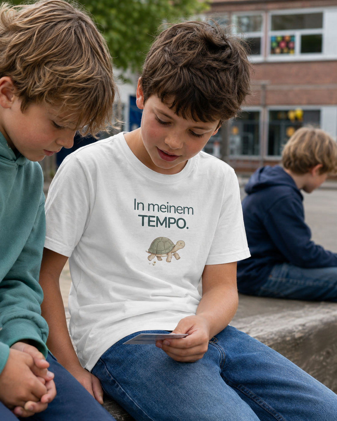 Ein Junge sitzt neben seinem Freund auf der Mauer auf einem Schulhof. Er trägt ein weißes Kinder T-Shirt mit einer Schildkröte und der Aufschrift In meinem Tempo