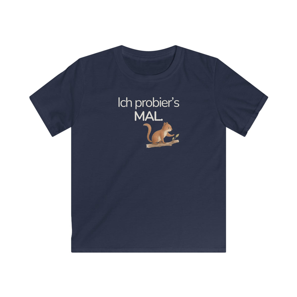 Dunkelblaues Kinder T-Shirt mit Eichhörnchen und Spruch Ich probier’s mal