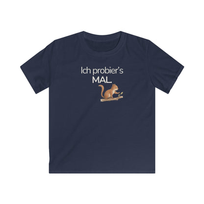 Dunkelblaues Kinder T-Shirt mit Eichhörnchen und Spruch Ich probier’s mal