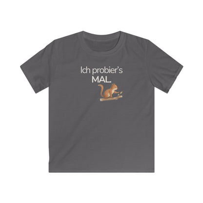 Dunkelgraues Kinder T-Shirt mit Eichhörnchen und Spruch Ich probier’s mal
