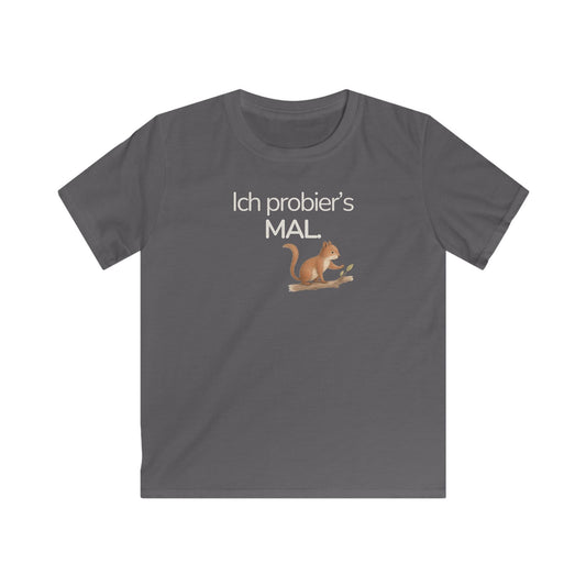 Dunkelgraues Kinder T-Shirt mit Eichhörnchen und Spruch Ich probier’s mal