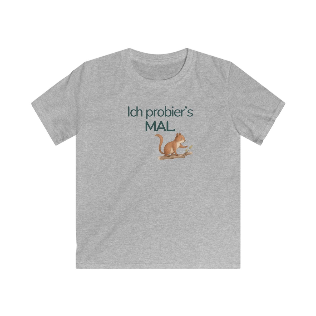 Grau meliertes Kinder T-Shirt mit Eichhörnchen und Spruch Ich probier’s mal