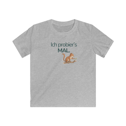 Grau meliertes Kinder T-Shirt mit Eichhörnchen und Spruch Ich probier’s mal