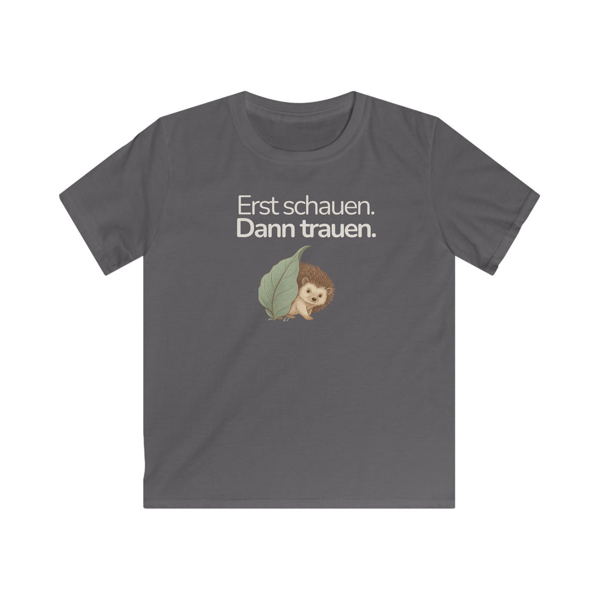 Dunkelgraues Kinder T-Shirt mit Igel und Spruch Erst schauen dann trauen