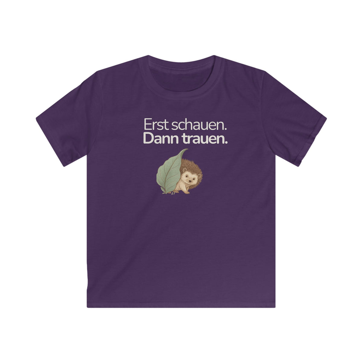 Lila Kinder T-Shirt mit Igel und Spruch Erst schauen dann trauen