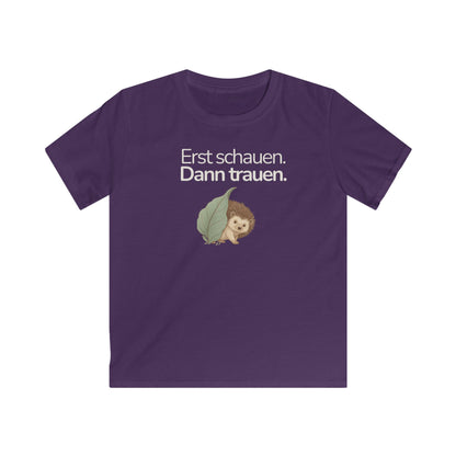 Lila Kinder T-Shirt mit Igel und Spruch Erst schauen dann trauen
