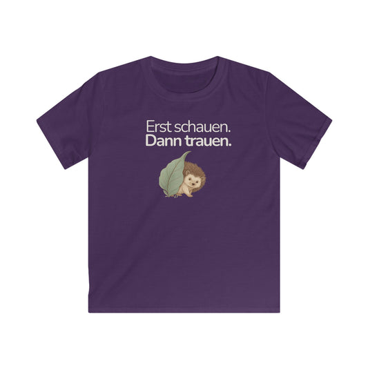 Lila Kinder T-Shirt mit Igel und Spruch Erst schauen dann trauen