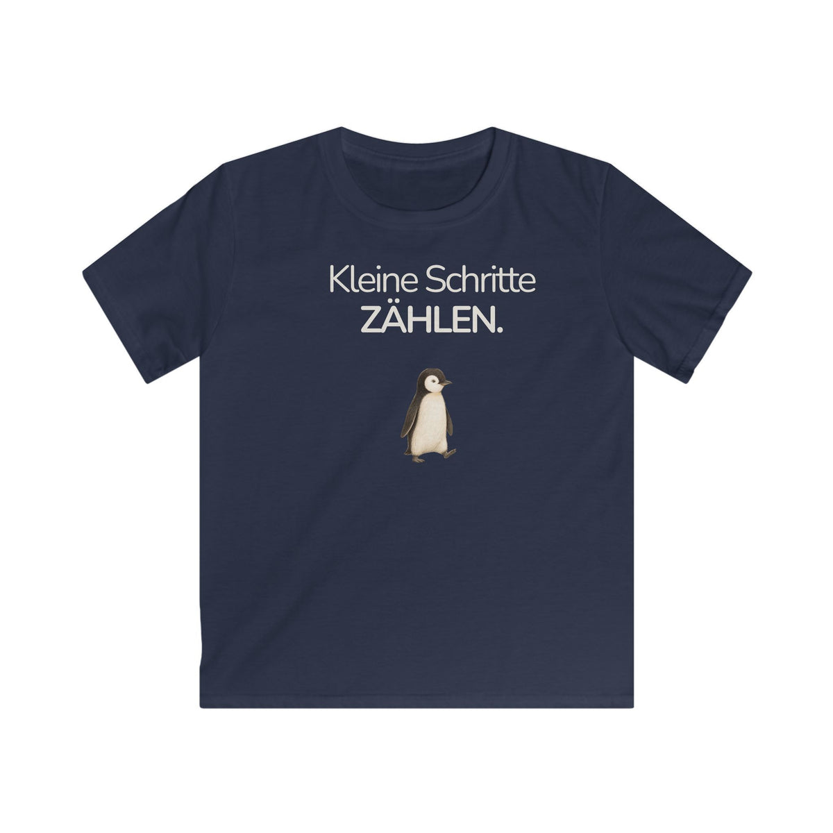 Dunkelblaues Kinder T-Shirt mit Pinguin und Spruch Kleine Schritte zählen