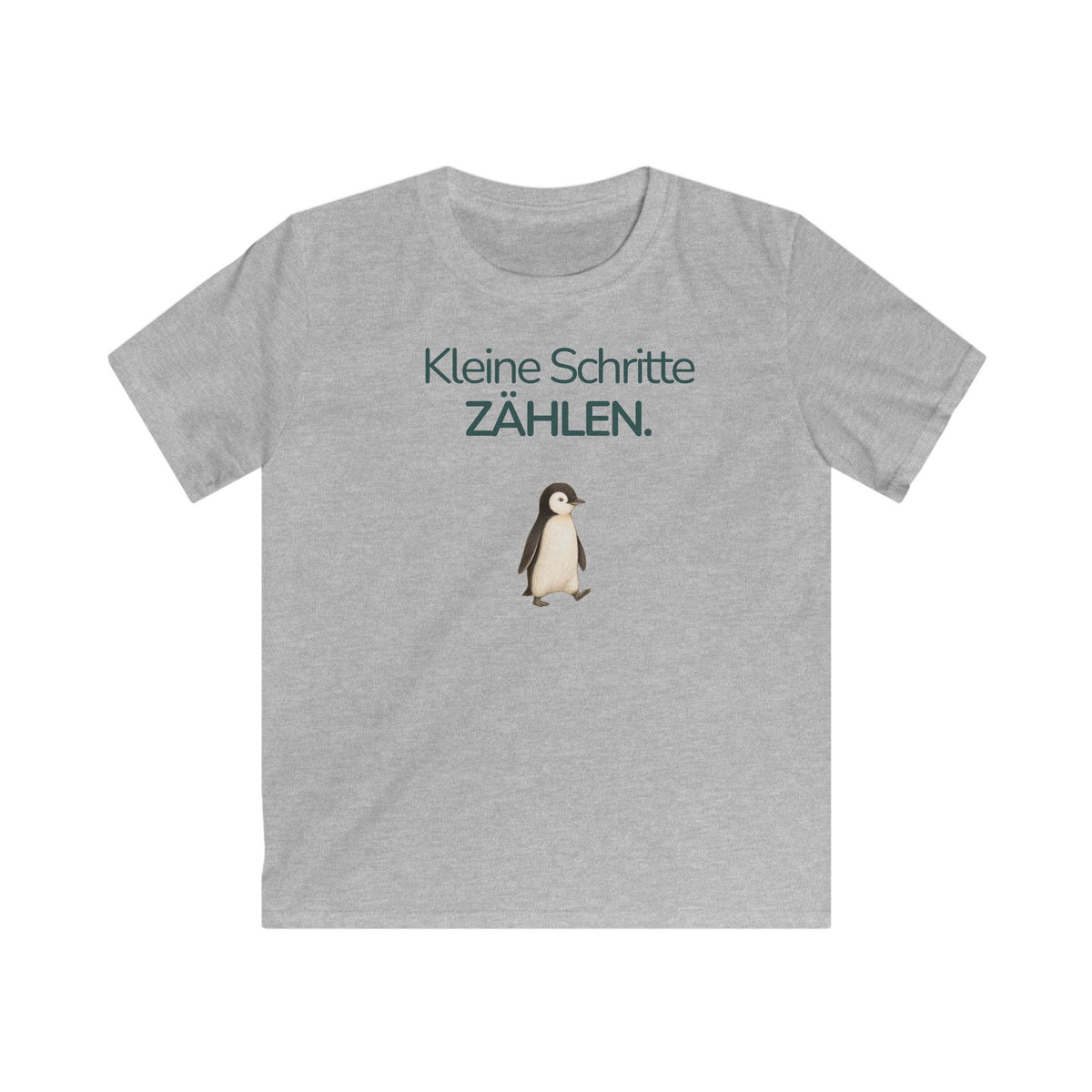 Grau meliertes Kinder T-Shirt mit Pinguin und Spruch Kleine Schritte zählen