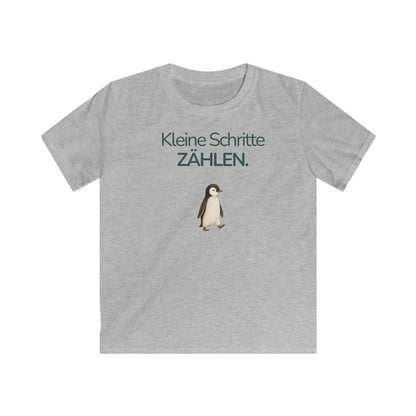 Grau meliertes Kinder T-Shirt mit Pinguin und Spruch Kleine Schritte zählen