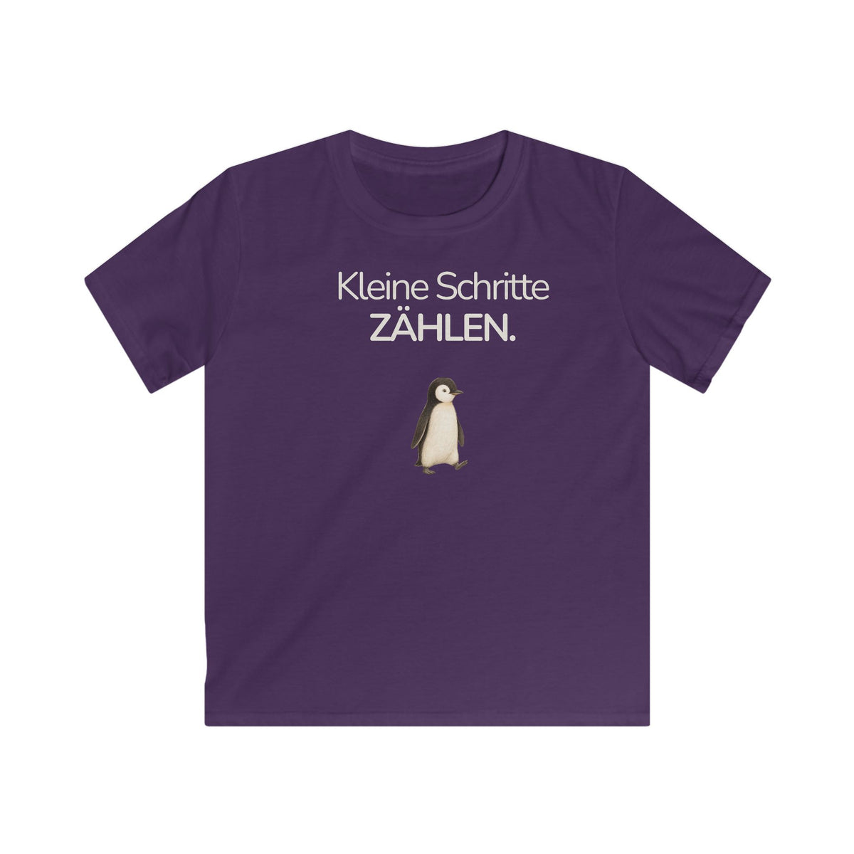 Lila Kinder T-Shirt mit Pinguin und Spruch Kleine Schritte zählen