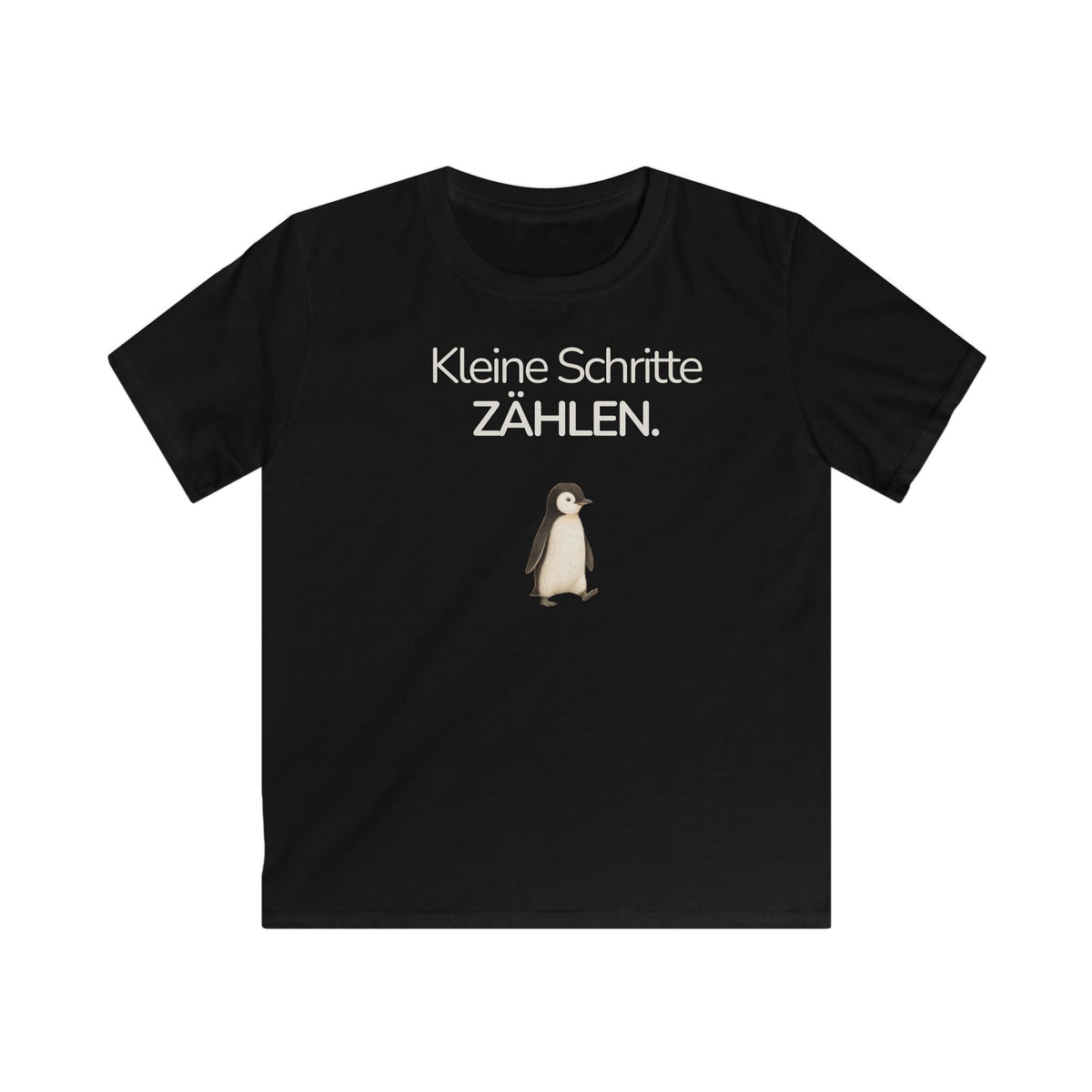 Schwarzes Kinder T-Shirt mit Pinguin und Spruch Kleine Schritte zählen