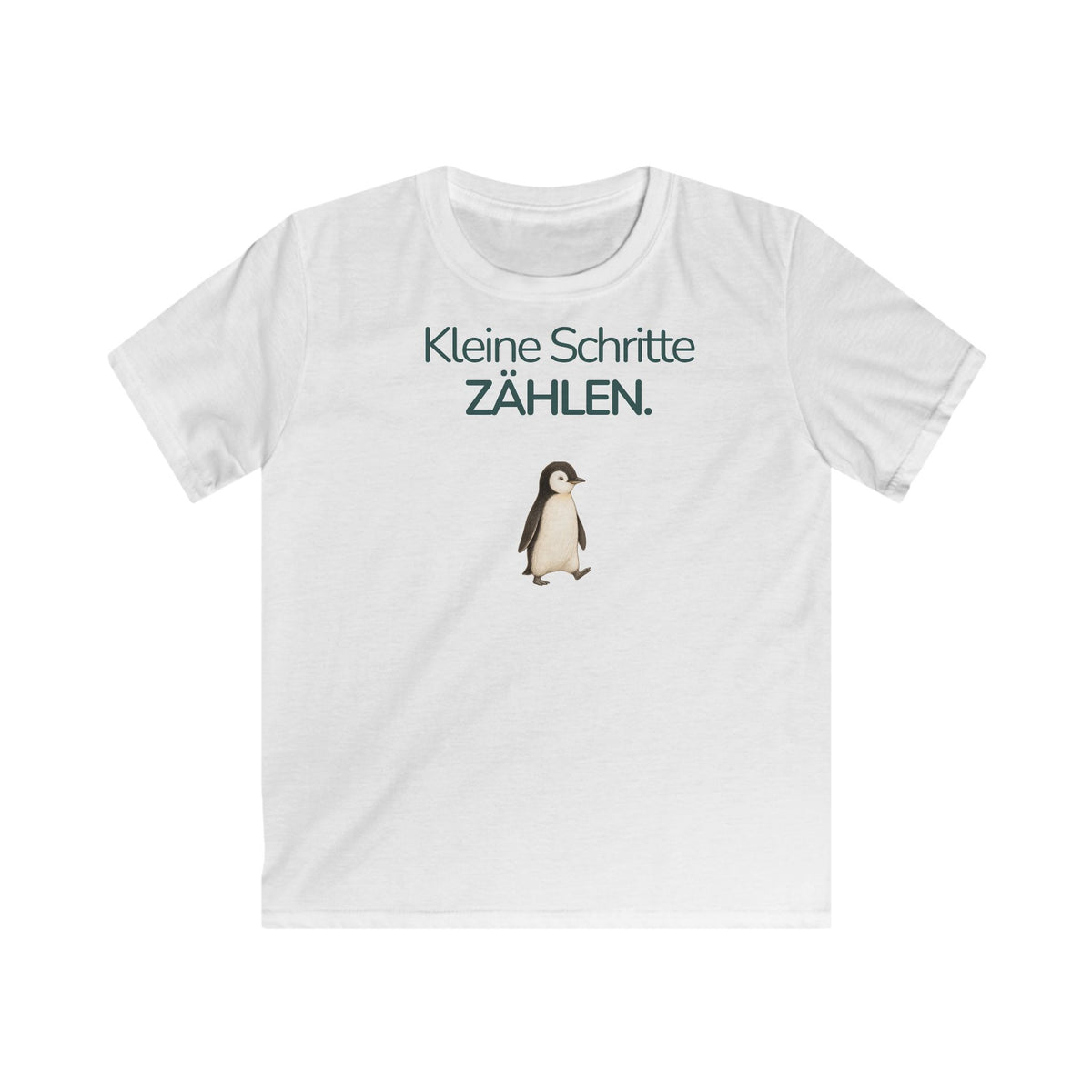 Weißes Kinder T-Shirt mit Pinguin und Spruch Kleine Schritte zählen