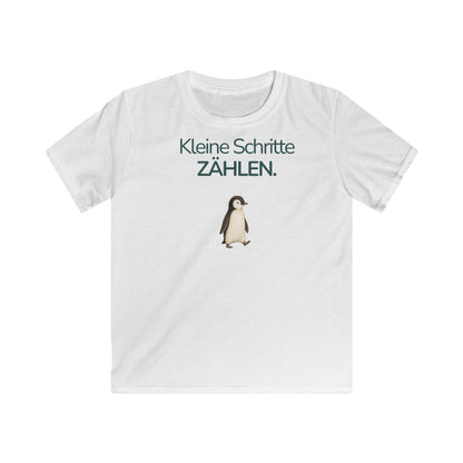 Weißes Kinder T-Shirt mit Pinguin und Spruch Kleine Schritte zählen