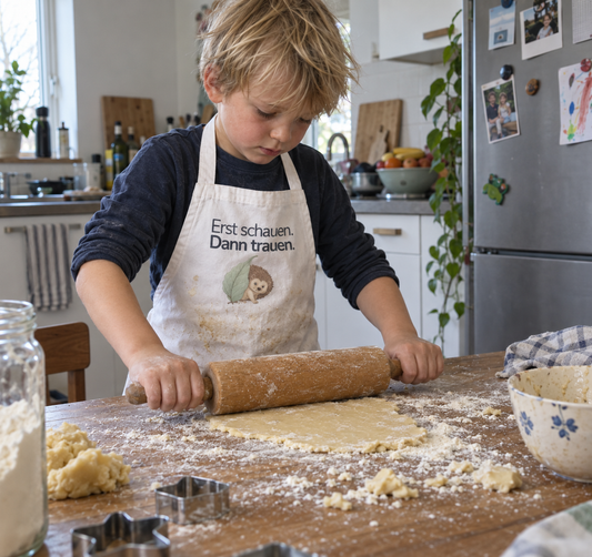 Kinder Küchenschürze Igel "Erst schauen, dann trauen"