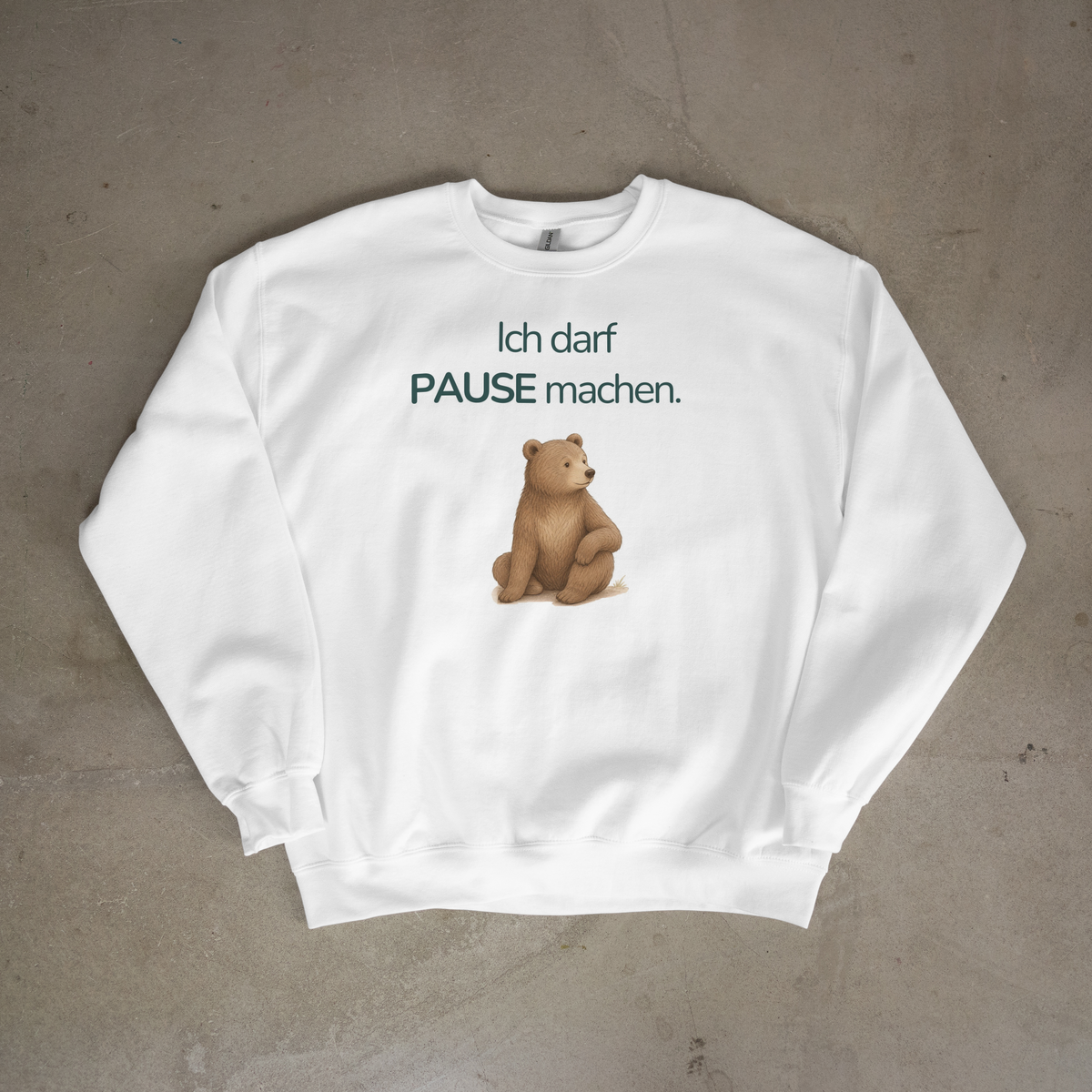 Weißes gefaltetes Kinder Sweatshirt mit Bärmotiv und Botschaft Ich darf Pause machen