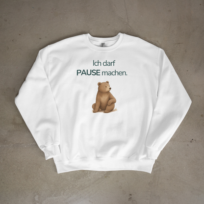 Weißes gefaltetes Kinder Sweatshirt mit Bärmotiv und Botschaft Ich darf Pause machen